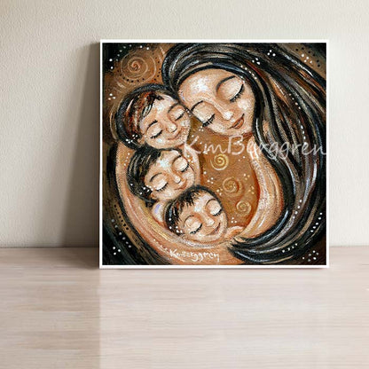 artwork of black haired mother holding three black haired children, kmberggren meaningful artwork for moms and women