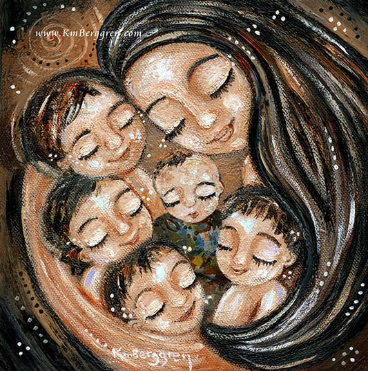 black haired mother with 5 children, 5 kids art print, dark hair family of 5 children