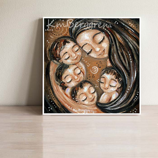 artwork of black haired mother holding 4 black haired children, bronze background, warm cozy nurturing artwork for moms, kmberggren paintings