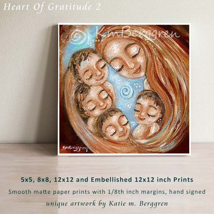 artwork print by Katie m. Berggren of red haired mom holding four children with a blue background