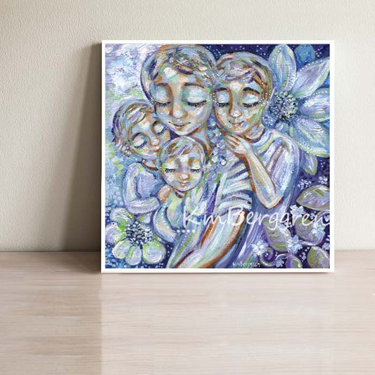 blonde short hair mom with three kids, two sons, three sons, one daughter, big brother artwork, purple and blue flowers wall decor, mothers day gifts, gifts for mom of three 3 kids