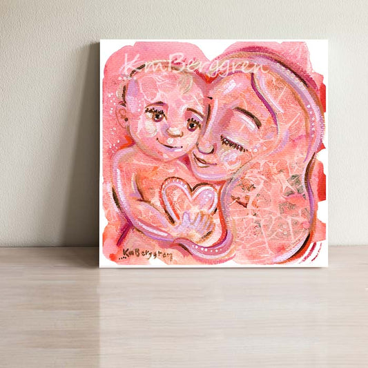 pink artwork of mother and child, mom and baby pink painting, pink art print of motherhood, new baby pink art, pink wall decor, mom and baby and heart artwork, textured painting, heartfelt art, mommy baby art