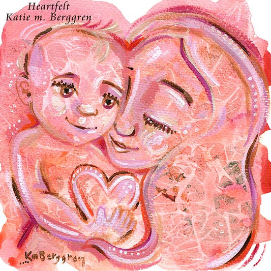 pink artwork of mother and child, mom and baby pink painting, pink art print of motherhood, new baby pink art, pink wall decor, mom and baby and heart artwork, textured painting, heartfelt art, mommy baby art