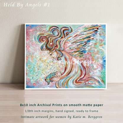 whimsical and fantasy artwork of large angel with curly colorful hair and big colorful wings holding a tiny infant. Pink and Blue background, Katie m. Berggren artwork