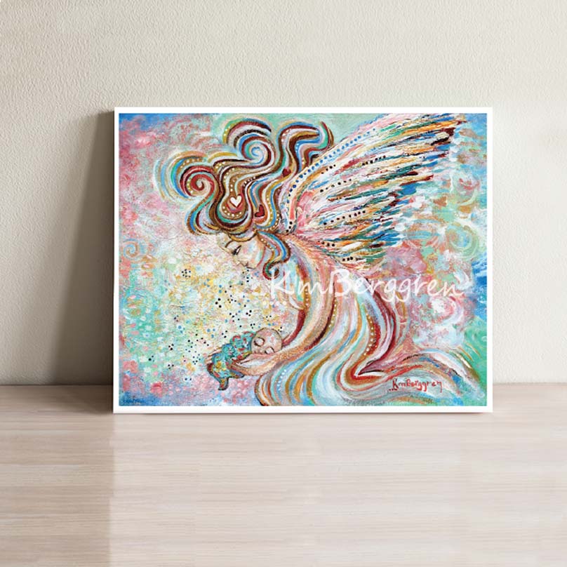 whimsical and fantasy artwork of large angel with curly colorful hair and big colorful wings holding a tiny infant. Pink and Blue background, Katie m. Berggren artwork
