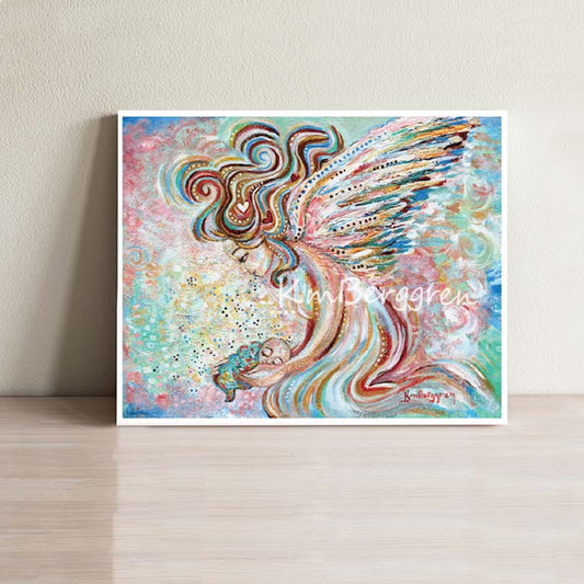 whimsical and fantasy artwork of large angel with curly colorful hair and big colorful wings holding a tiny infant. Pink and Blue background, Katie m. Berggren artwork