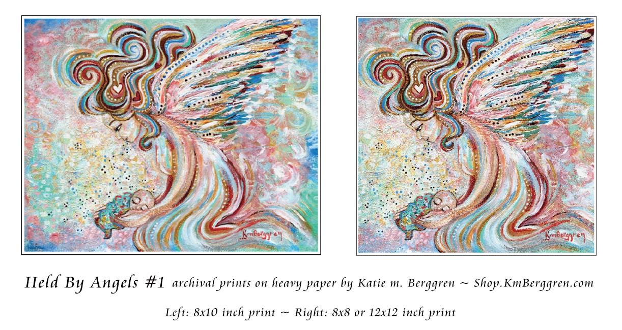 whimsical and fantasy artwork of large angel with curly colorful hair and big colorful wings holding a tiny infant. Pink and Blue background, Katie m. Berggren artwork