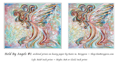 whimsical and fantasy artwork of large angel with curly colorful hair and big colorful wings holding a tiny infant. Pink and Blue background, Katie m. Berggren artwork