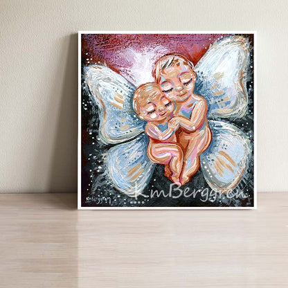 two blonde angel babies, choose an embellished print to change the hair color, pink and black background, 2 angel babies cuddled together, sids bereavement artwork, loss mother gift, loss of twins, loss of a baby sympathy gift, two winged angel babes, brother and sister angel babies