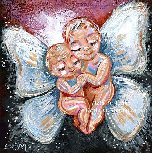 Held In Light - Two Angel Babies with Wings Art Print