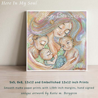 art print by KmBerggren of mother holding three children and nursing the youngest, pastel soft pink green blue artwork, 3 children with blonde hair, bald baby nursing