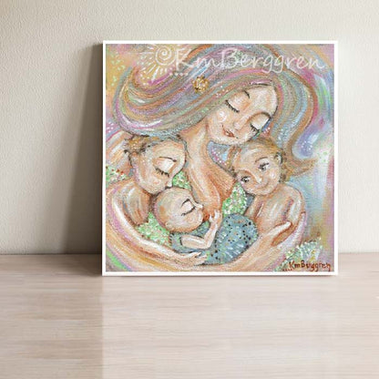 art print by KmBerggren of mother holding three children and nursing the youngest, pastel soft pink green blue artwork, 3 children with blonde hair, bald baby nursing