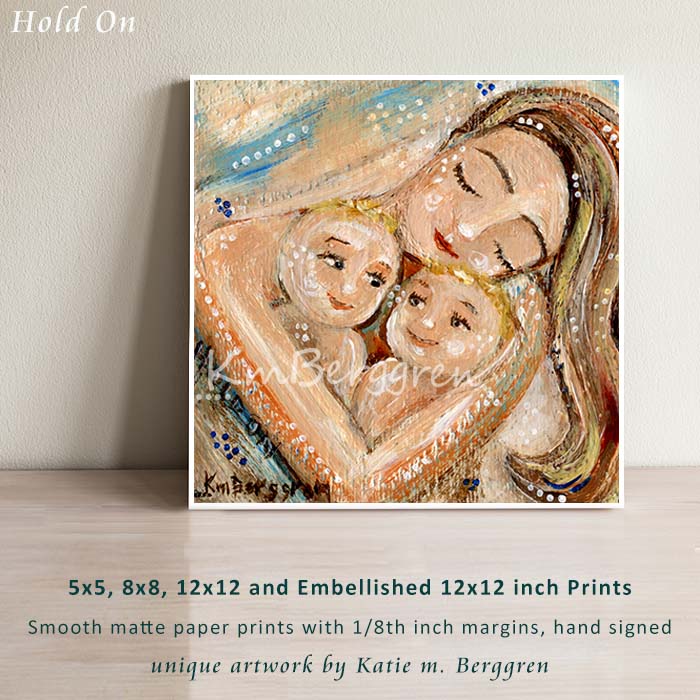 art print of mother holding blonde twins, soft pastel artwork by KmBerggren, blonde children, brunette mother, gentle loving artwork