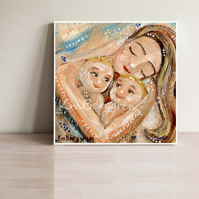 art print of mother holding blonde twins, soft pastel artwork by KmBerggren, blonde children, brunette mother, gentle loving artwork