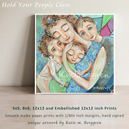 geometry colorful art print with geometric background of mother with curly hair holding three children, pinks and blues and greens, by KmBerggren