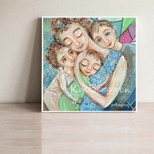 geometry colorful art print with geometric background of mother with curly hair holding three children, pinks and blues and greens, by KmBerggren