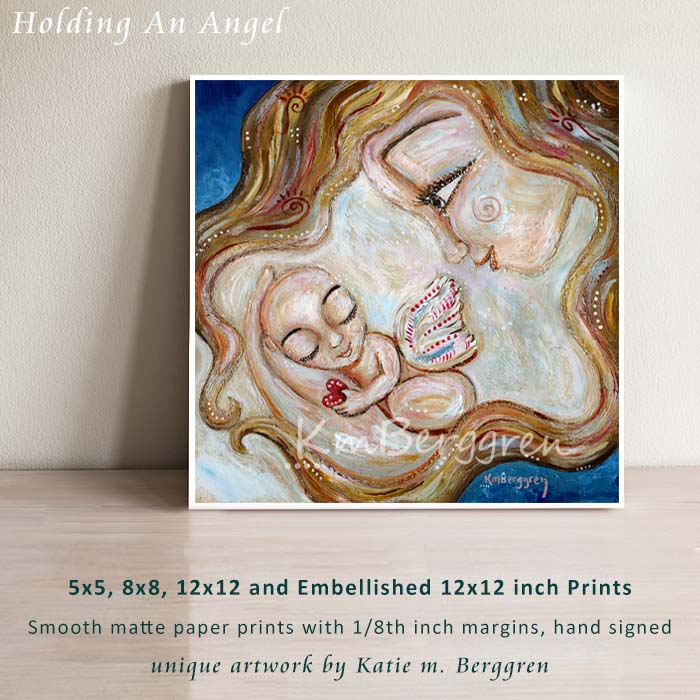 art print by KmBerggren of a blonde mother holding an angel winged baby child in her hands