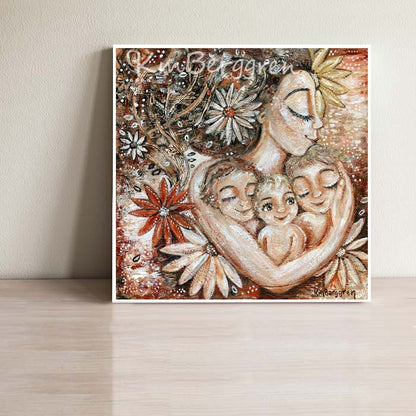 mother cradling three children with daisy flowers art print - embellish for hair and eye color changes