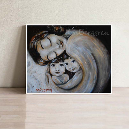 black and white artwork of mother with black hair holding two children. Choose Embellished for eye color changes.