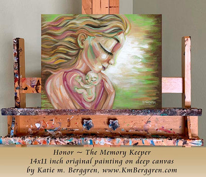 blonde mother with flowing hair holding a baby in her big pink heart, by KmBerggren, original painting on deep canvas