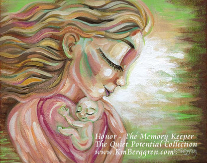 Artistic depiction of a woman holding a baby with a soft, warm color palette. blonde mother with flowing hair holding a baby in her big pink heart, by KmBerggren, original painting on deep canvas