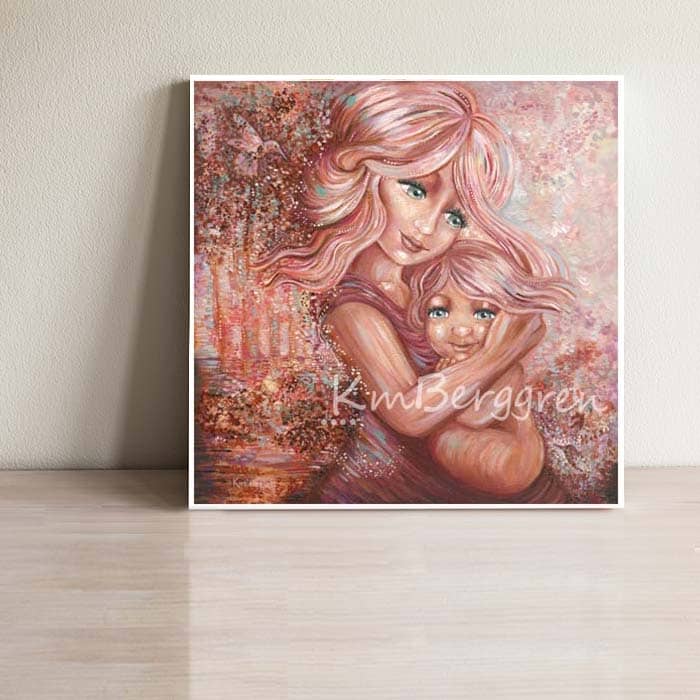 blonde red hair mother and red hair daughter with blue and green eyes, cuddling new baby girl in lap, pink forest with hummingbirds, pink soft trees, ethereal whimsical magical painting of mother and daughter kmberggren