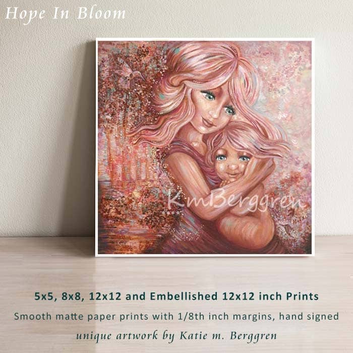 blonde red hair mother and red hair daughter with blue and green eyes, cuddling new baby girl in lap, pink forest with hummingbirds, pink soft trees, ethereal whimsical magical painting of mother and daughter kmberggren