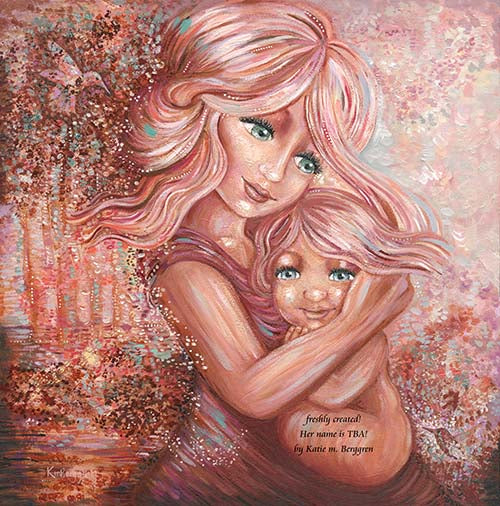 blonde red hair mother and red hair daughter with blue and green eyes, cuddling new baby girl in lap, pink forest with hummingbirds, pink soft trees, ethereal whimsical magical painting of mother and daughter kmberggren