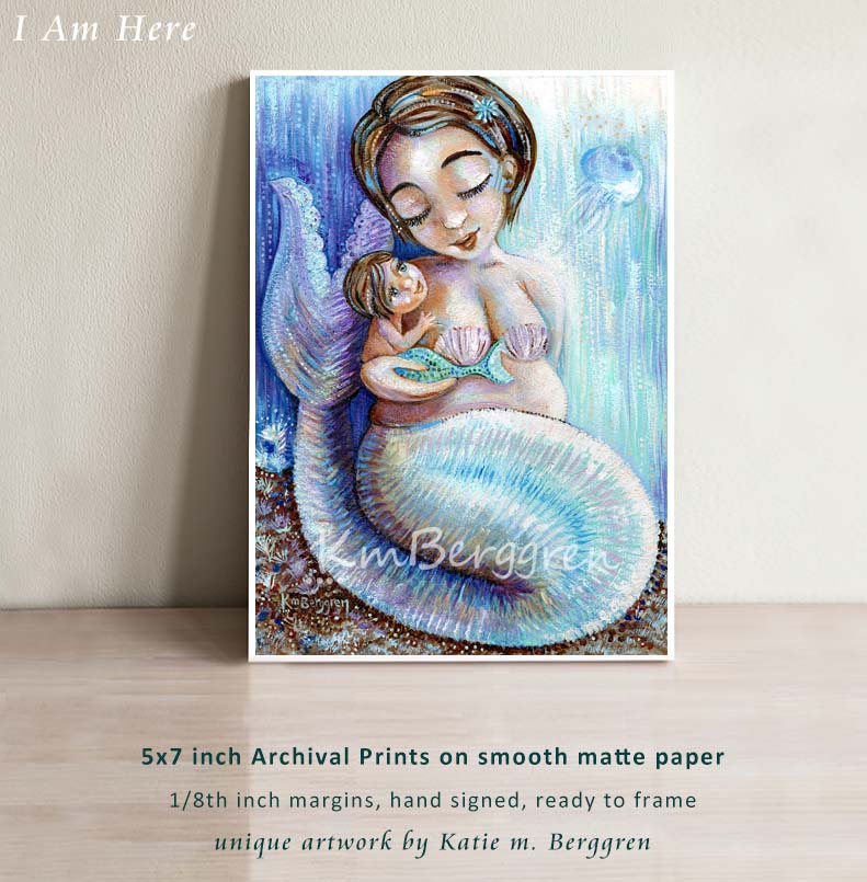 blue and white mermaid mother short brown hair, tiny baby with big eyes, plus-size mermaid mom and dainty jellyfish archival art print on heavy matte paper by KmBerggren