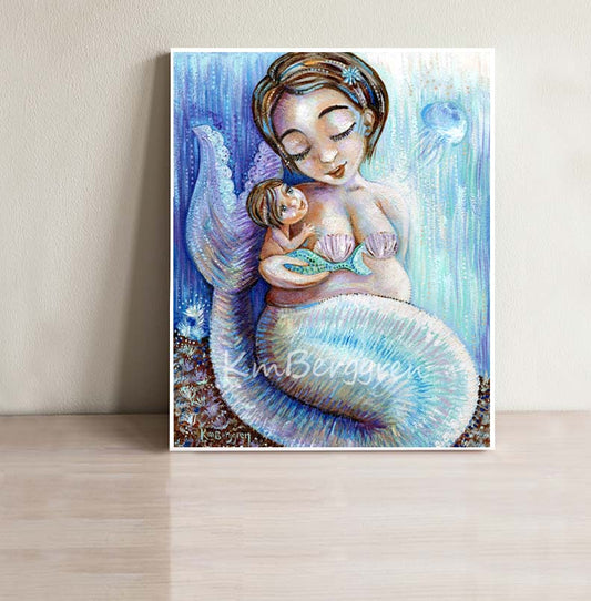 blue and white mermaid mother short brown hair, tiny baby with big eyes, plus-size mermaid mom and dainty jellyfish archival art print on heavy matte paper by KmBerggren