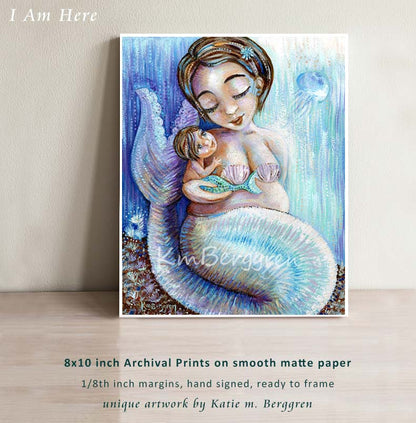 blue and white mermaid mother short brown hair, tiny baby with big eyes, plus-size mermaid mom and dainty jellyfish archival art print on heavy matte paper by KmBerggren