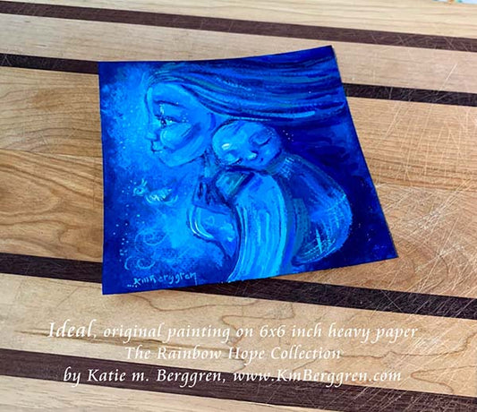 blue babywearing painting, mother wearing infant on her back, with blue bird, wrapping baby, blue painting, indigo artwork, kmberggren, km berggren, baby sleeping in back carrier, paintings of mom and babies