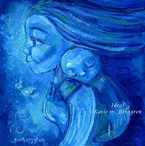 blue babywearing painting, mother wearing infant on her back, with blue bird, wrapping baby, blue painting, indigo artwork, kmberggren, km berggren, baby sleeping in back carrier, paintings of mom and babies