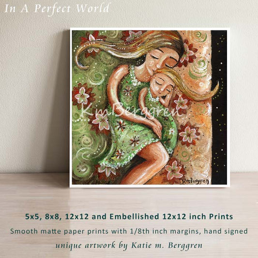 art print of mother sleeping with blonde daughter in a pink and green bed with red flowers by KmBerggren