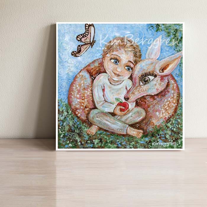 art print of little boy with a baby deer and an apple with a blue sky and butterfly, by KmBerggren