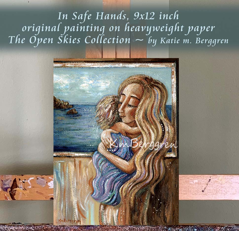 blonde mother holding blonde daughter in front of a window to the ocean, cuddling daughter artwork, mother and son painting, original painting of mother and child, mother baby ocean artwork