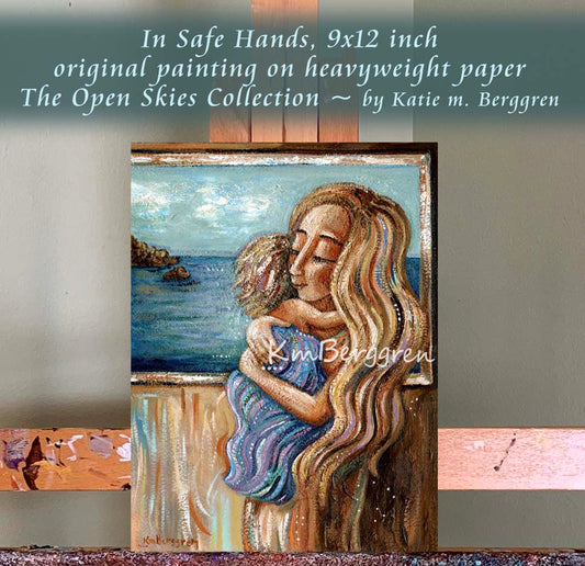 blonde mother holding blonde daughter in front of a window to the ocean, cuddling daughter artwork, mother and son painting, original painting of mother and child, mother baby ocean artwork