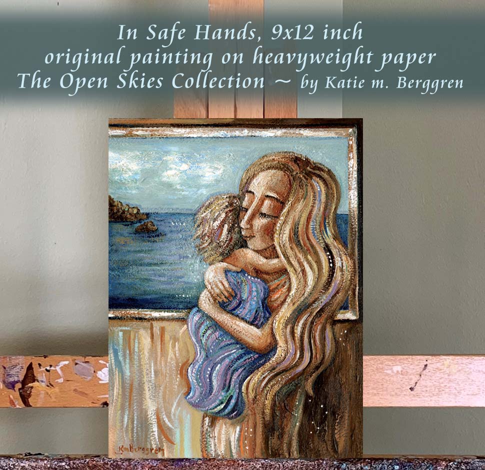 blonde mother holding blonde daughter in front of a window to the ocean, cuddling daughter artwork, mother and son painting, original painting of mother and child, mother baby ocean artwork