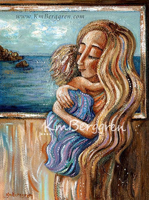 blonde mother holding blonde daughter in front of a window to the ocean, cuddling daughter artwork, mother and son painting, original painting of mother and child, mother baby ocean artwork