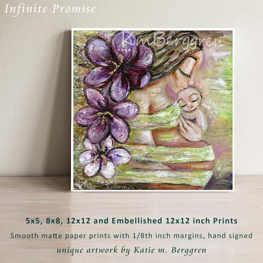 expectant mother art print with giant purple crocuses and tiny new baby with green background by KmBerggren, soft intimate painting of brunette mother kissing the head of a tiny naked baby held against her breast, with a green wrap around her body, postpartum belly, violet flowers in hair, lime green artwork 