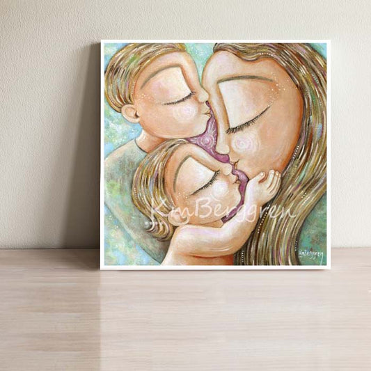 personalized hair and eye colors of mom and kids, personal family art, customized print of mom and children, custom motherhood art, choose an embellished print to customize eye colors and hair color and length, mother and 2 children art by kmberggren