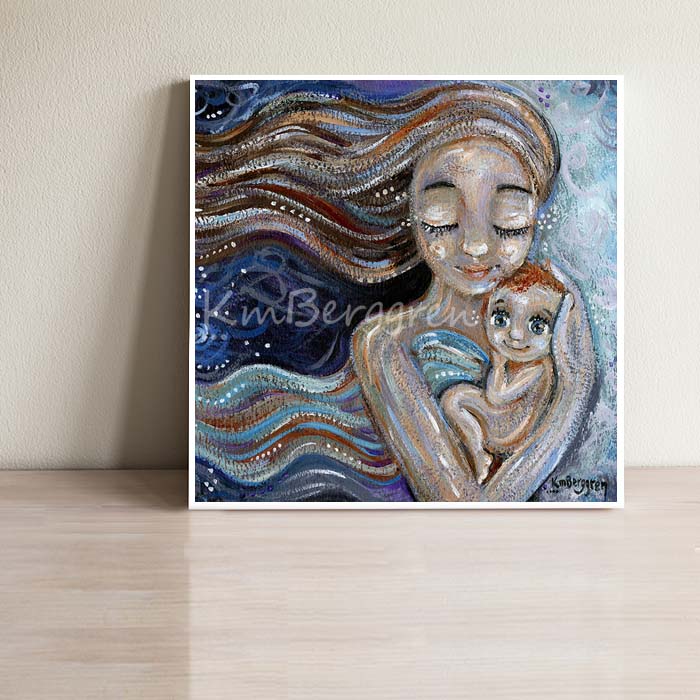 long haired mama with eyes closed holding small red haired child with big blue eyes, naked baby, blue blanket, blue and red intimate motherhood artwork by kmberggren