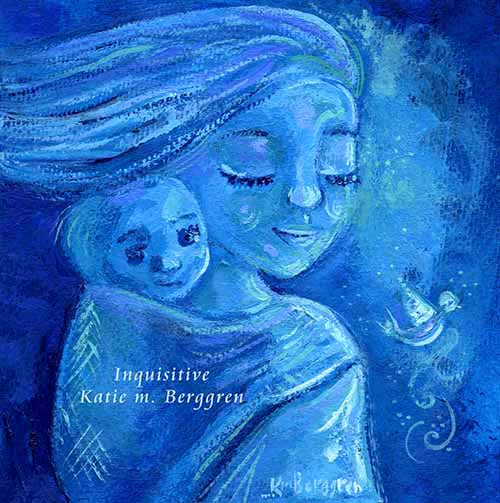 blue babywearing painting, mother wearing infant on her back, with blue bird, wrapping baby, blue painting, indigo artwork, kmberggren, km berggren