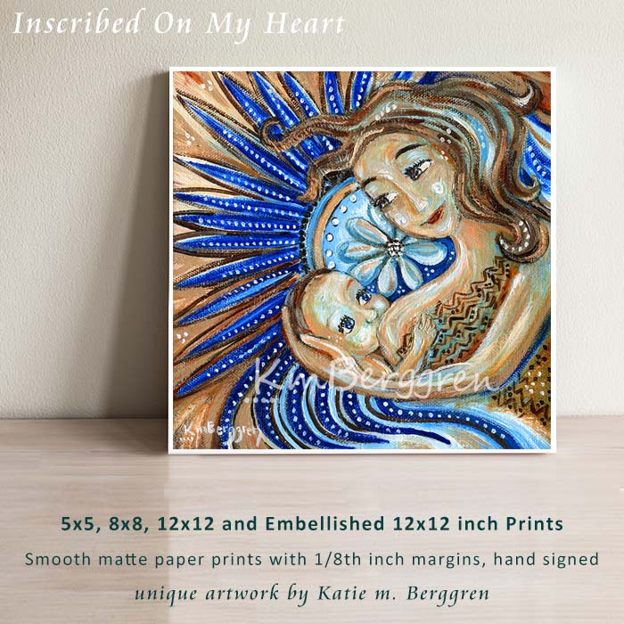 mother nursing baby with big blue flower, art print by artist KmBerggren, breastfeeding baby painting, mandala blue artwork with woman and child