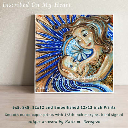 mother nursing baby with big blue flower, art print by artist KmBerggren, breastfeeding baby painting, mandala blue artwork with woman and child