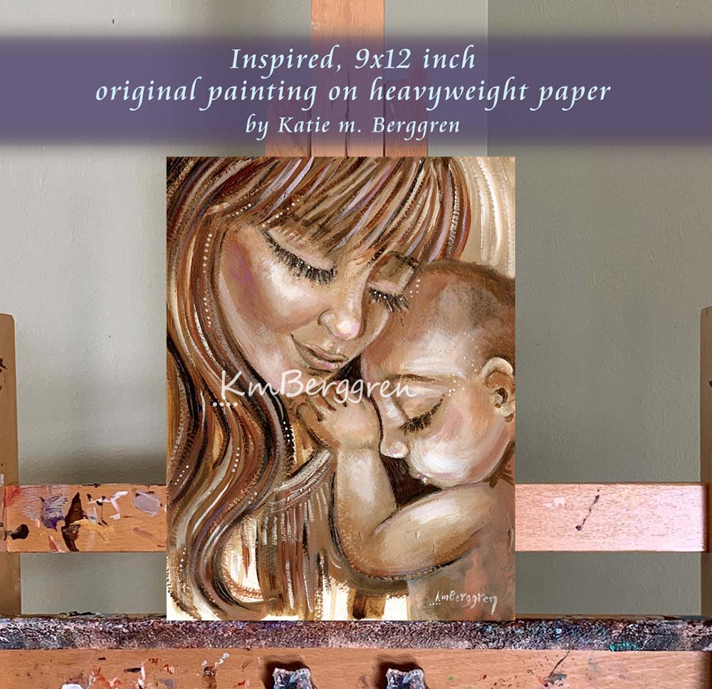 original painting of red haired mother holding sleeping baby on shoulder, bold painting of woman and child by KmBerggren