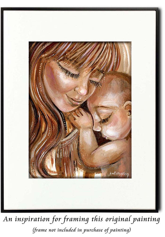 original painting of red haired mother holding sleeping baby on shoulder, bold painting of woman and child by KmBerggren