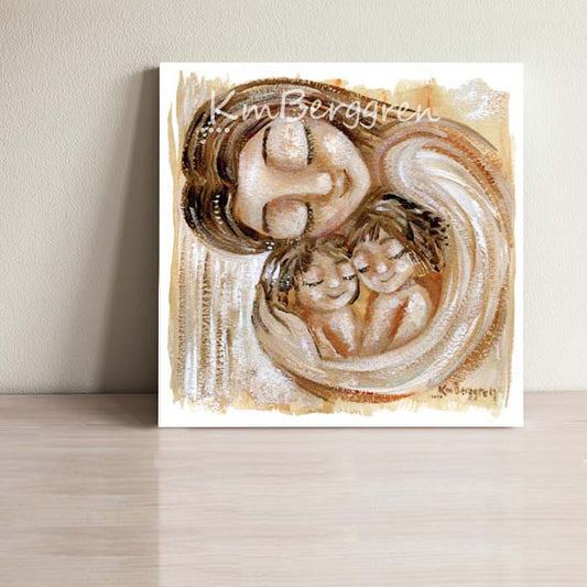 mother and two children in warm browns, mom cradling two children, blue watery artwork, biracial babies and mom, gift for mother's day for mom of two 2