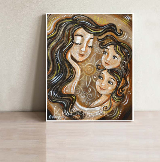 brown and gold art print from KmBerggren of brunette mother with two brunette girls and big flower, tender mother and daughters artwork in neutral warm colors, long brunette mother hair, brown haired twin daughters