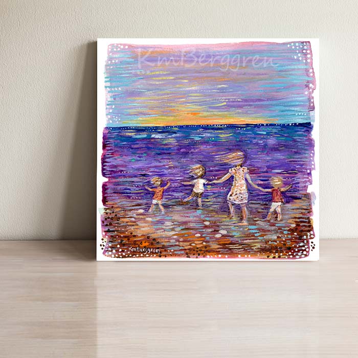 purple beach, mother and 3 children, 4 kids on a purple seashore, blue and orange sunset, purple ocean, whimsical beach art, wall decor for beach house, contemporary beach painting, abstract beach art, kmberggren